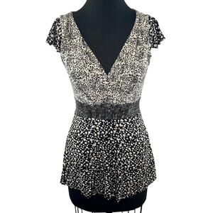 Y2K 90's 2000 BARASCHI Black White Print V Neck Waisted Blouse Top Size S Small